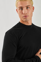 Black High-Neck Slim Long Sleeve Tee | Plain Cotton Blend