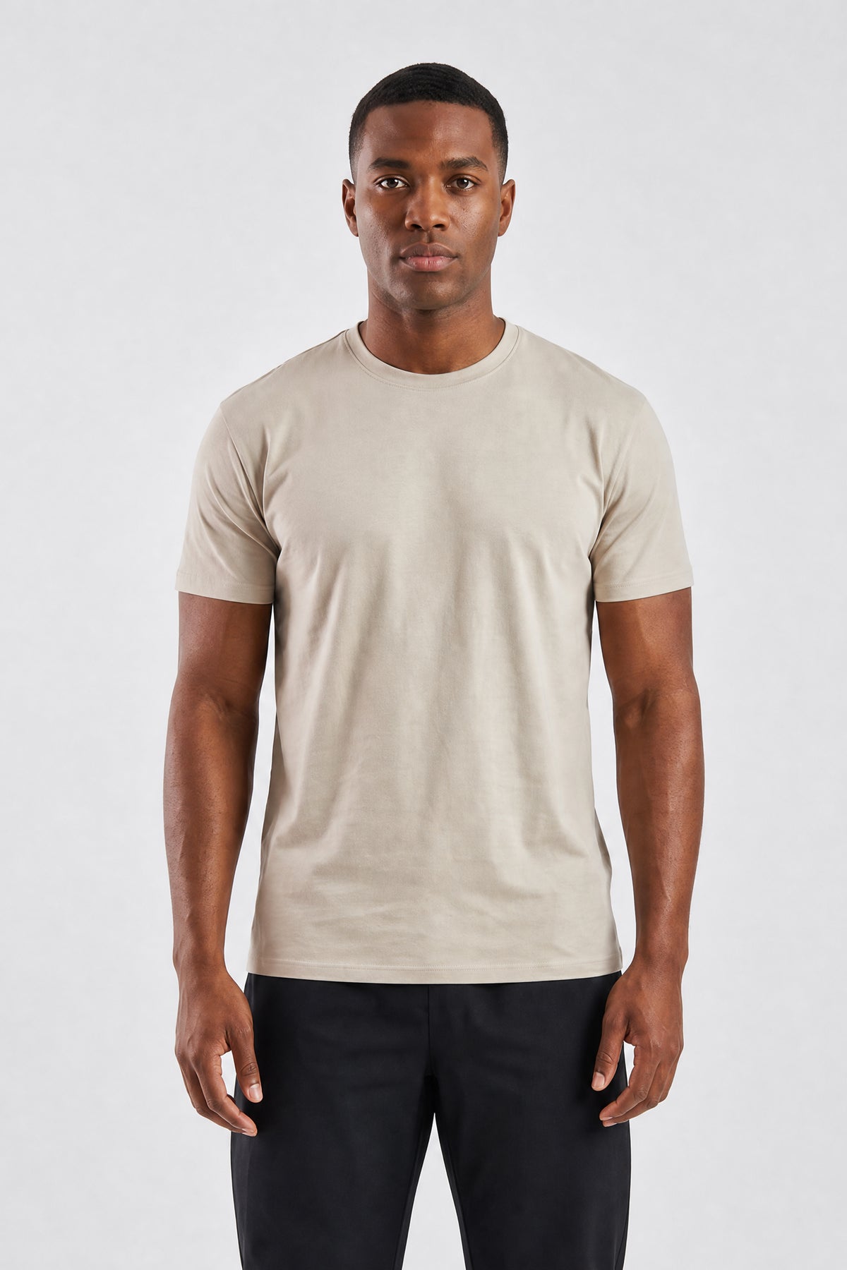Beige Plain T-Shirt | High Neck, Short Sleeve