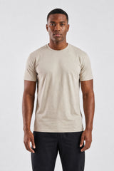 Beige Plain T-Shirt | High Neck, Short Sleeve